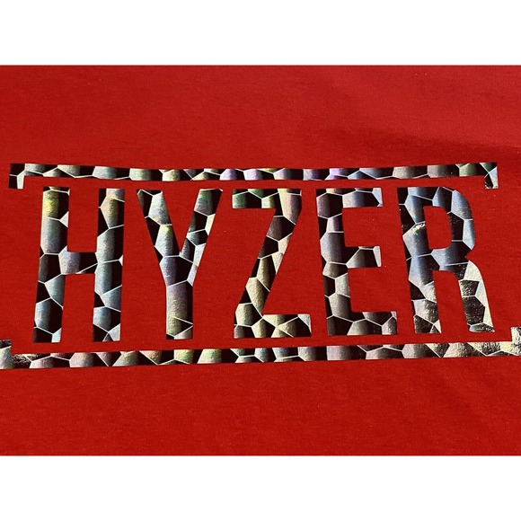 Disc Golf Shirt HYZER HOLOGRAPHIC CAMO Vinyl Custom Logo L Graphic T-Shirt RED - Picture 2 of 5